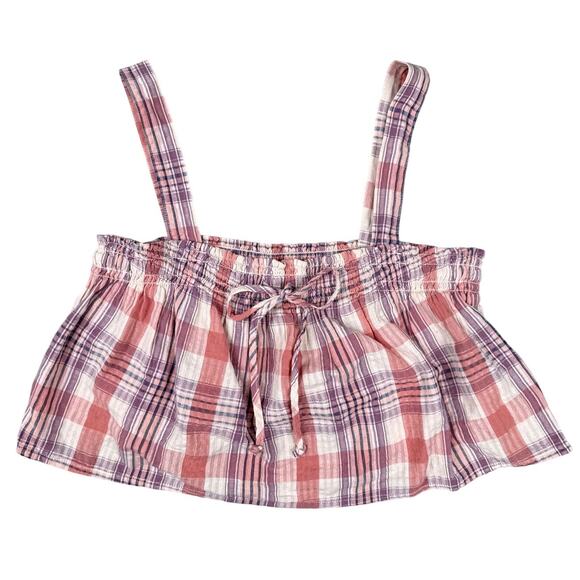 American Eagle Crop Top Plaid Elastic Top Drawstring Wide Straps Cotton Size M - Picture 2 of 5